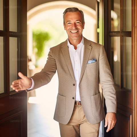 Luxury hotel concierge greets guests with a warm smile