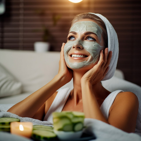 Lady enjoys spa day with facial mask cucumbers