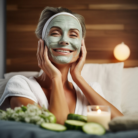 Lady enjoys spa day with facial mask cucumbers