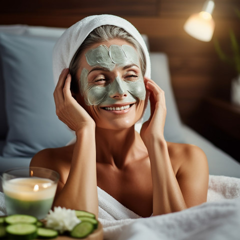 Lady enjoys spa day with facial mask cucumbers