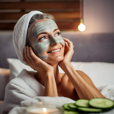 Lady enjoys spa day with facial mask cucumbers