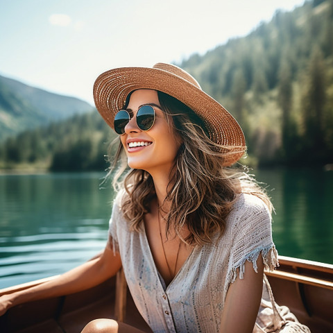 Lady enjoys scenic lake boat tour