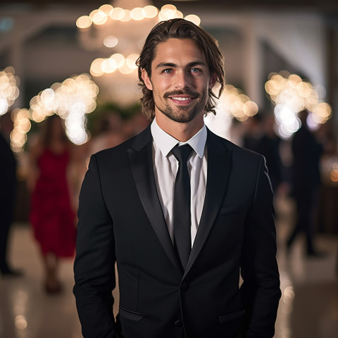 Well dressed man at black tie event in grand ballroom