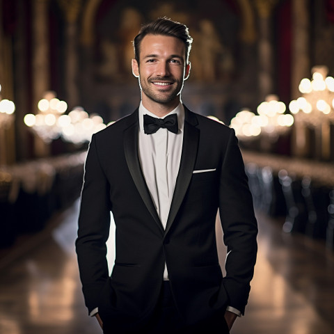 Well dressed man at black tie event in grand ballroom