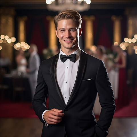 Well dressed man at black tie event in grand ballroom