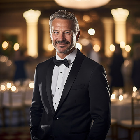 Well dressed man at black tie event in grand ballroom