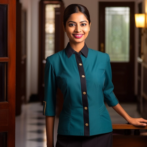 Indian woman doorman at work smiles friendly