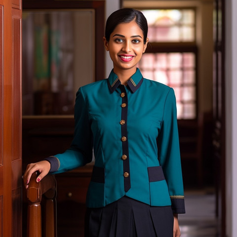 Indian woman doorman at work smiles friendly