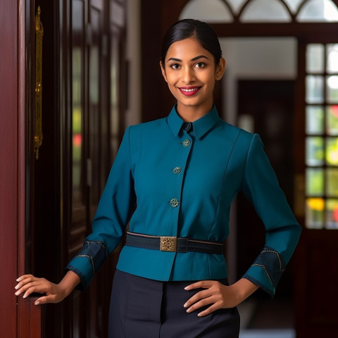 Indian woman doorman at work smiles friendly