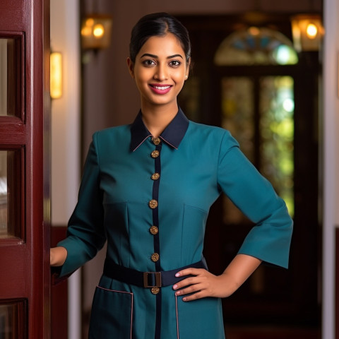 Indian woman doorman at work smiles friendly