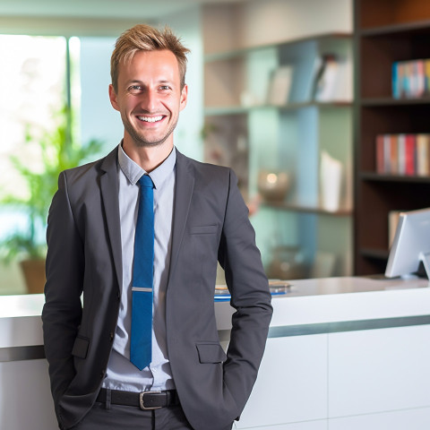 Smiling man receptionist working on blurry background