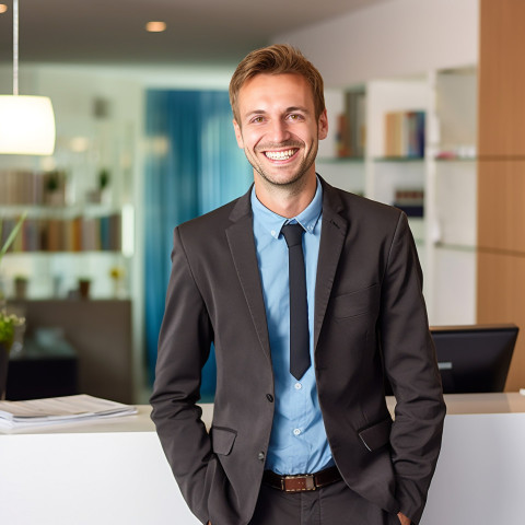 Smiling man receptionist working on blurry background