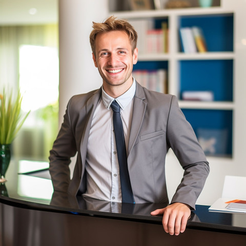 Smiling man receptionist working on blurry background