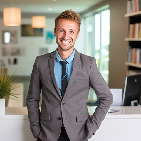 Smiling man receptionist working on blurry background