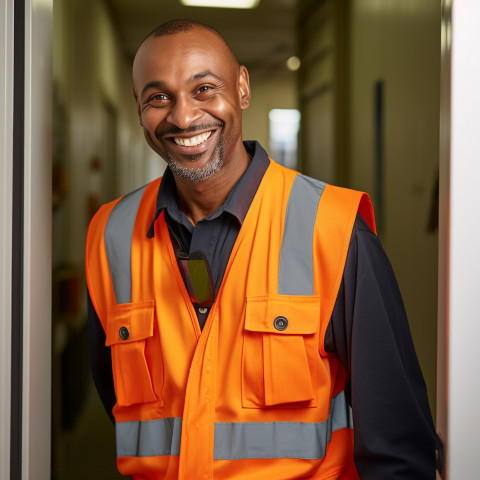 Smiling doorman on blurred background