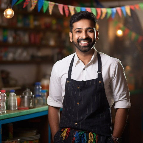 Indian waiter smiling at work in a blurred background