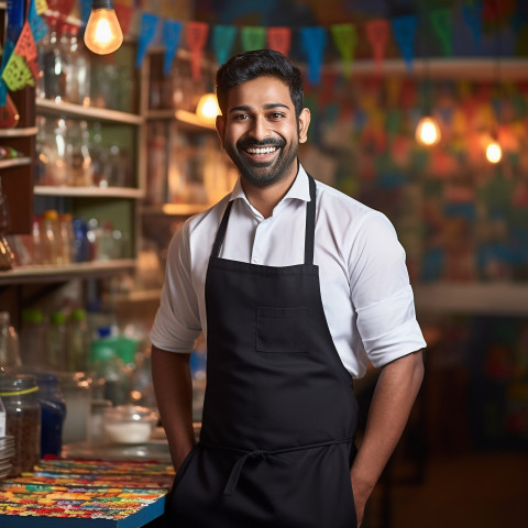 Indian waiter smiling at work in a blurred background