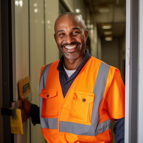 Smiling doorman on blurred background