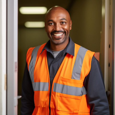 Smiling doorman on blurred background