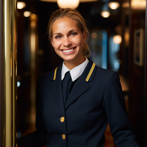 Smiling woman doorperson working on blurred background Smiling woman doorperson working on blurred background