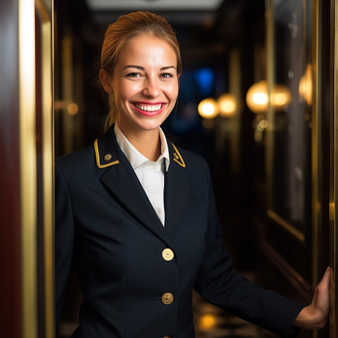 Smiling woman doorperson working on blurred background Smiling woman doorperson working on blurred background