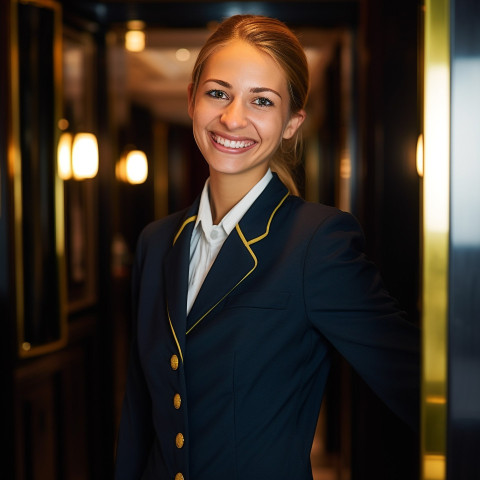 Smiling woman doorperson working on blurred background Smiling woman doorperson working on blurred background