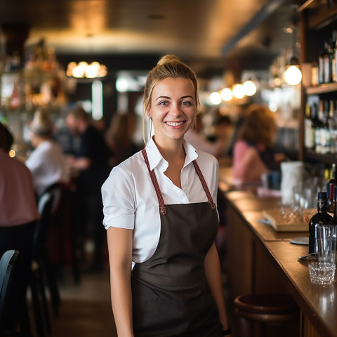 Smiling waitress serving customers in a blurred restaurant