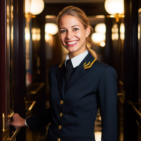 Smiling woman doorperson working on blurred background Smiling woman doorperson working on blurred background