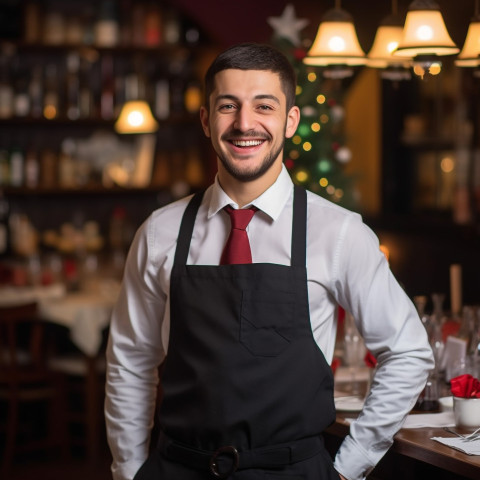 Smiling waiter working on blurred background