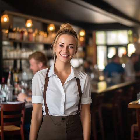 Smiling waitress serving customers in a blurred restaurant