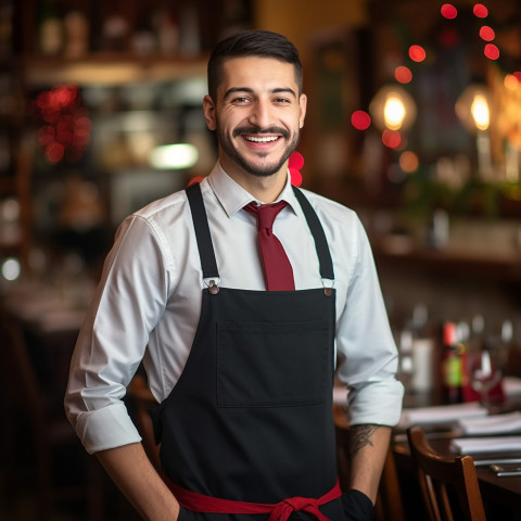 Smiling waiter working on blurred background