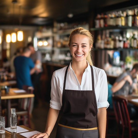 Smiling waitress serving customers in a blurred restaurant