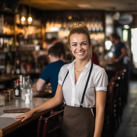 Smiling waitress serving customers in a blurred restaurant