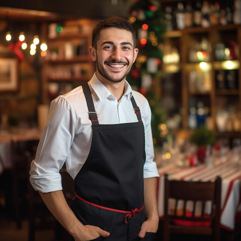 Smiling waiter working on blurred background