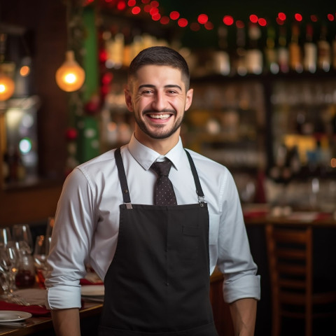 Smiling waiter working on blurred background