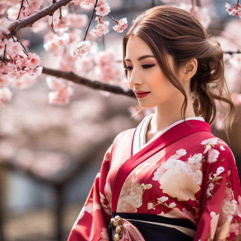 Lady admiring cherry blossoms in Kyoto