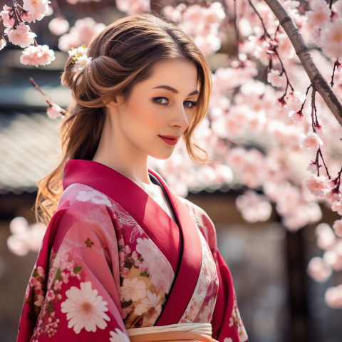 Lady admiring cherry blossoms in Kyoto