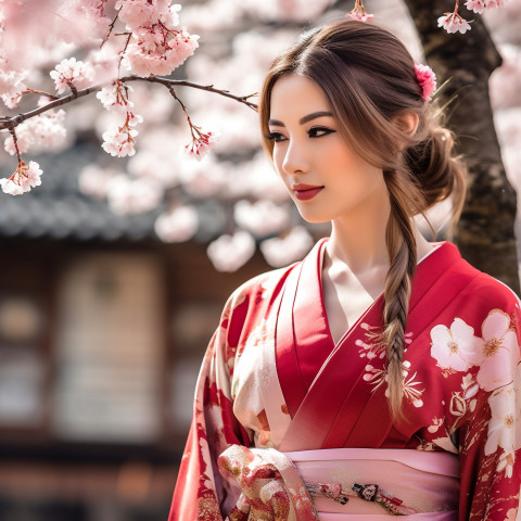 Lady admiring cherry blossoms in Kyoto