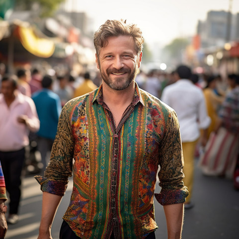 Stylish man shopping at bustling street market