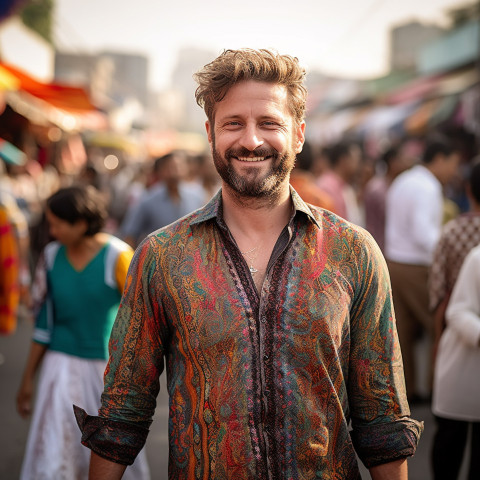 Stylish man shopping at bustling street market