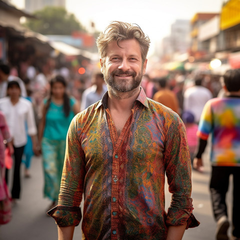 Stylish man shopping at bustling street market