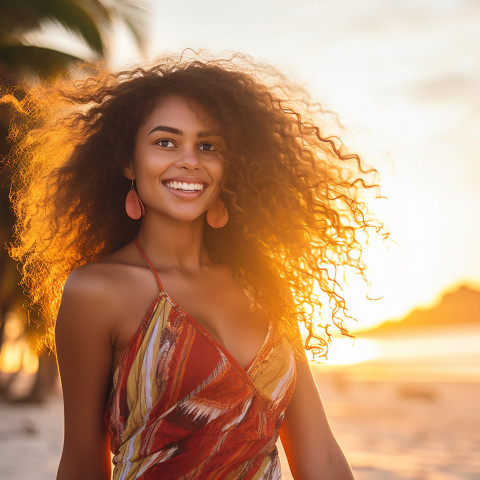 Gorgeous woman relaxing on a tropical beach at sunset