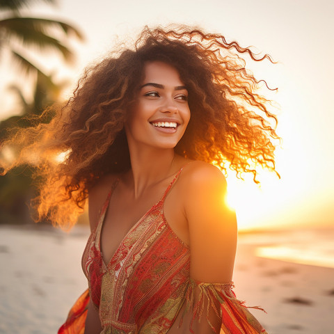 Gorgeous woman relaxing on a tropical beach at sunset