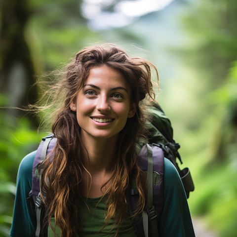 Young New Zealand hiker enjoys lush green scenery