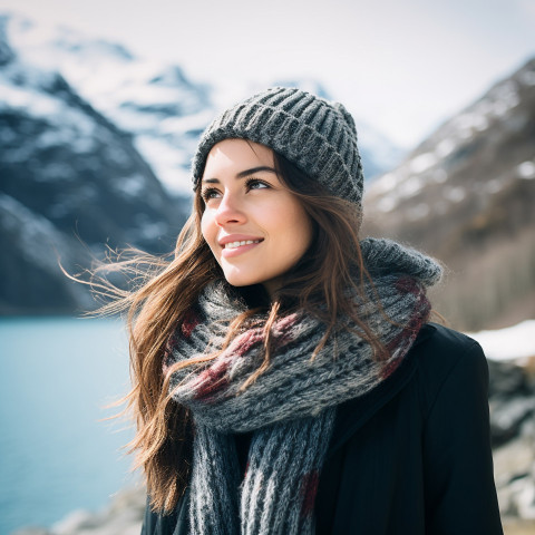 Woman admires Norwegian fjords Woman admires Norwegian fjords