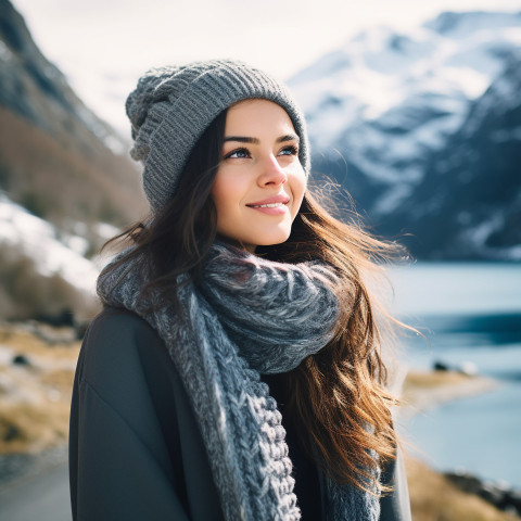 Woman admires Norwegian fjords Woman admires Norwegian fjords