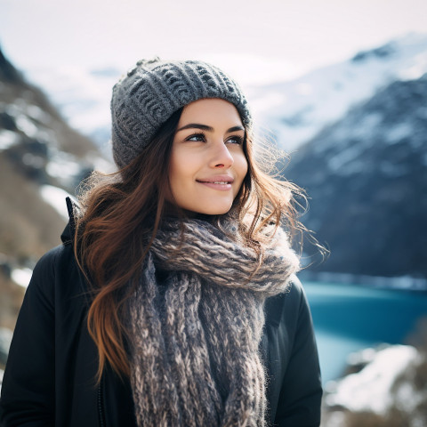 Woman admires Norwegian fjords Woman admires Norwegian fjords