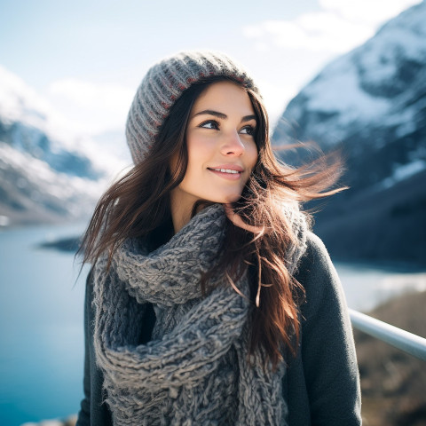 Woman admires Norwegian fjords Woman admires Norwegian fjords