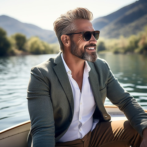 Manly boater on tranquil lake