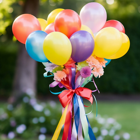 Colorful balloon bouquet with ribbon